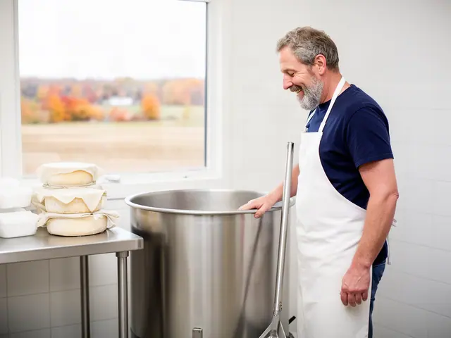 A man beside new equipment in a small cheese shop and creamery kitchen.