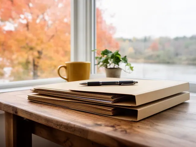 A neat stack of closed manila folders and a pen on a desk by a window.