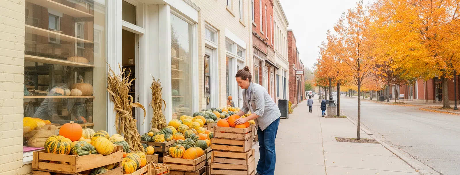 A general-store owner setting crates of squash and pumpkins out on the sidewalk in front of her brick shop.