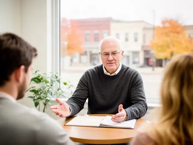 An insurance agent talking with a couple at a round table.