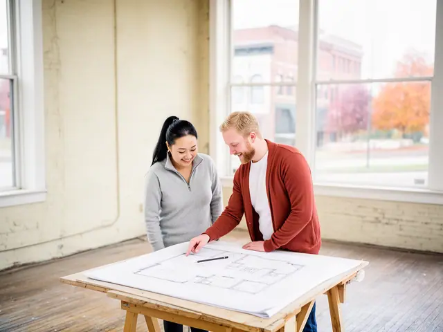 Two business partners looking over a pencil floor sketch in an empty storefront.