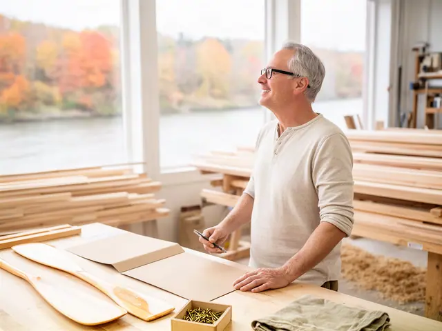 A man with short gray hair and black-framed glasses at a work table with a closed folder in a small canoe and paddle workshop.